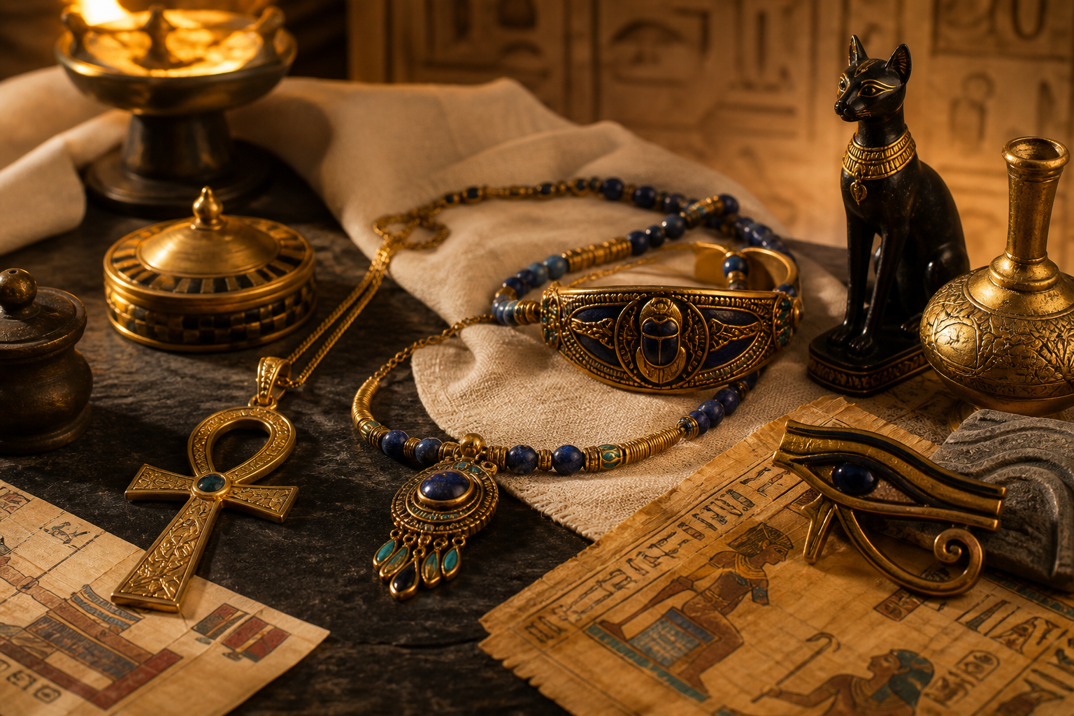 Bijoux egyptiens dores avec scarabee ankh lapis et papyrus